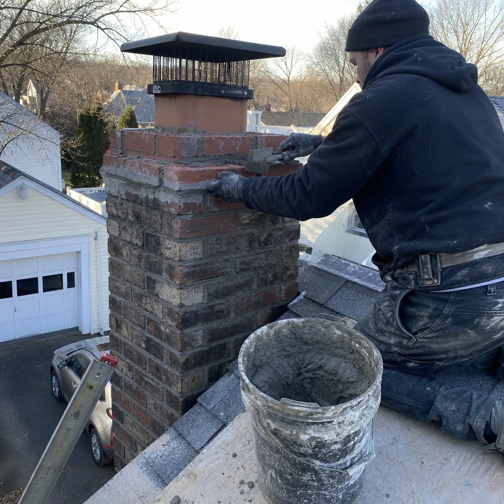 Professional chimney technician repairing brick chimney exterior on a residential roof